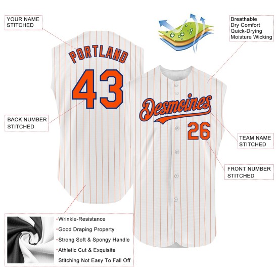 Pinstripe Custom Orange Baseball Jersey White Sleeveless Authentic Royal Pinstripe Custom Orange Baseball Jersey White Sleeveless Authentic Royal