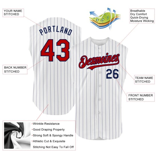 Baseball Authentic Red Jersey Sleeveless Pinstripe White Custom Navy Baseball Authentic Red Jersey Sleeveless Pinstripe White Custom Navy