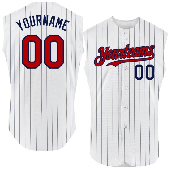 Baseball Authentic Red Jersey Sleeveless Pinstripe White Custom Navy Baseball Authentic Red Jersey Sleeveless Pinstripe White Custom Navy
