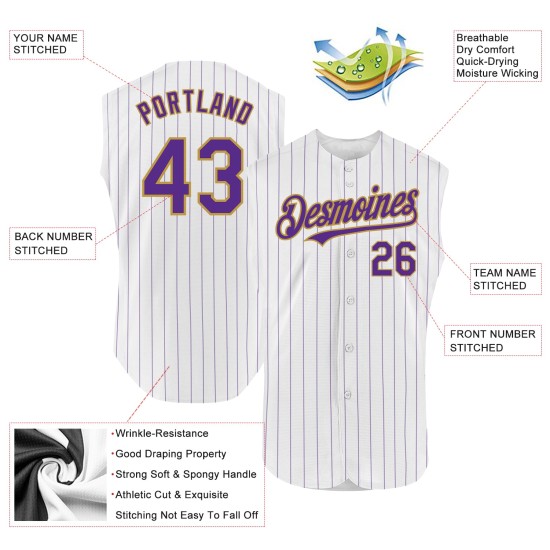 White Sleeveless Authentic Gold Old Custom Baseball Jersey Purple Pinstripe White Sleeveless Authentic Gold Old Custom Baseball Jersey Purple Pinstripe