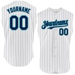 Teal Sleeveless Pinstripe Jersey Custom Authentic Baseball White Navy Teal Sleeveless Pinstripe Jersey Custom Authentic Baseball White Navy