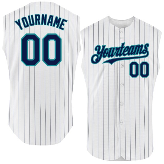 Teal Sleeveless Pinstripe Jersey Custom Authentic Baseball White Navy Teal Sleeveless Pinstripe Jersey Custom Authentic Baseball White Navy