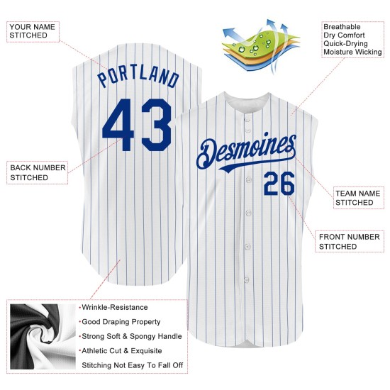 Sleeveless Royal Authentic Pinstripe Jersey Royal White Custom Baseball Sleeveless Royal Authentic Pinstripe Jersey Royal White Custom Baseball