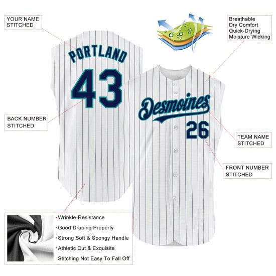 Teal Sleeveless Pinstripe Jersey Custom Authentic Baseball White Navy Teal Sleeveless Pinstripe Jersey Custom Authentic Baseball White Navy