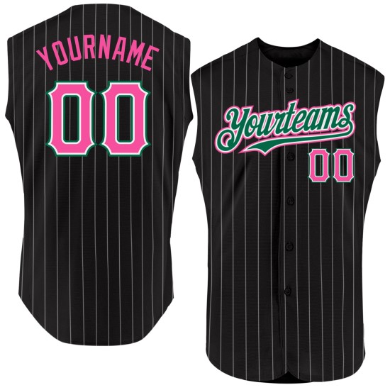Authentic Sleeveless Pinstripe Pink-Kelly Baseball Jersey Black Custom White Green Authentic Sleeveless Pinstripe Pink-Kelly Baseball Jersey Black Custom White Green