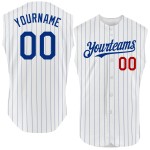 Authentic Red White Baseball Custom Pinstripe Royal Sleeveless Jersey Authentic Red White Baseball Custom Pinstripe Royal Sleeveless Jersey