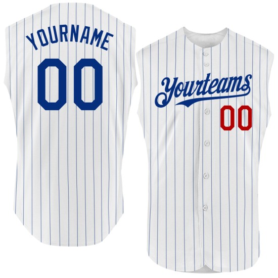 Authentic Red White Baseball Custom Pinstripe Royal Sleeveless Jersey Authentic Red White Baseball Custom Pinstripe Royal Sleeveless Jersey
