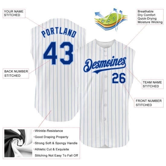 Blue Light White Custom Baseball Pinstripe Jersey Royal Authentic Sleeveless Blue Light White Custom Baseball Pinstripe Jersey Royal Authentic Sleeveless