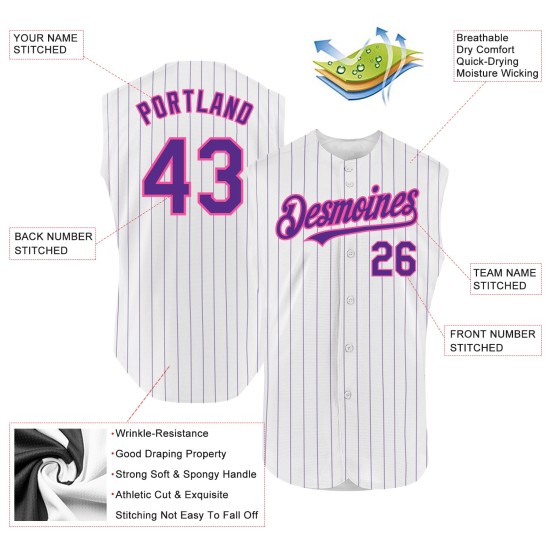 Authentic White Purple Pinstripe Pink Jersey Sleeveless Custom Baseball Authentic White Purple Pinstripe Pink Jersey Sleeveless Custom Baseball