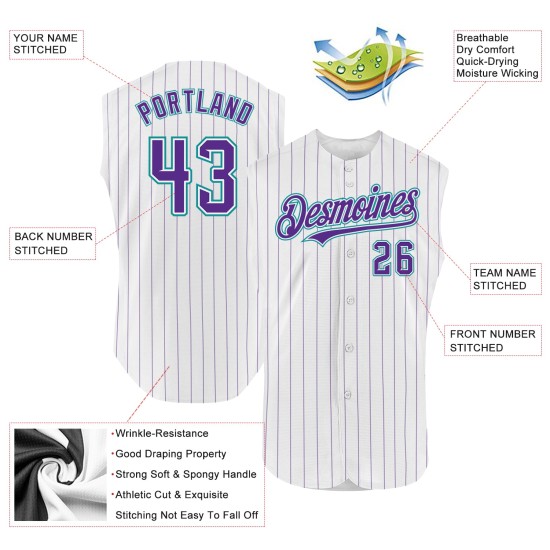 Jersey Baseball Authentic Purple Pinstripe Teal Custom White Sleeveless Jersey Baseball Authentic Purple Pinstripe Teal Custom White Sleeveless