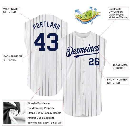 Navy Sleeveless Pinstripe Custom Baseball Authentic White Navy Jersey Navy Sleeveless Pinstripe Custom Baseball Authentic White Navy Jersey