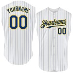 Pinstripe White Custom Sleeveless Baseball Authentic Jersey Yellow Royal Pinstripe White Custom Sleeveless Baseball Authentic Jersey Yellow Royal