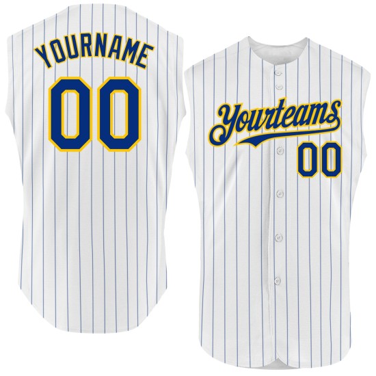 Pinstripe White Custom Sleeveless Baseball Authentic Jersey Yellow Royal Pinstripe White Custom Sleeveless Baseball Authentic Jersey Yellow Royal