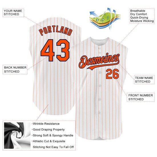 Authentic Orange Navy Baseball Sleeveless White Pinstripe Jersey Custom Authentic Orange Navy Baseball Sleeveless White Pinstripe Jersey Custom
