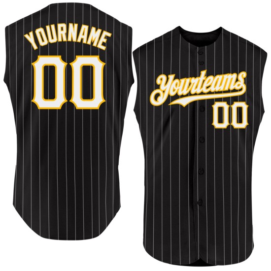 Jersey White Custom Baseball Authentic Sleeveless Gold Black Pinstripe Jersey White Custom Baseball Authentic Sleeveless Gold Black Pinstripe