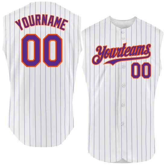 Authentic Orange Jersey White Sleeveless Pinstripe Purple Custom Baseball Authentic Orange Jersey White Sleeveless Pinstripe Purple Custom Baseball