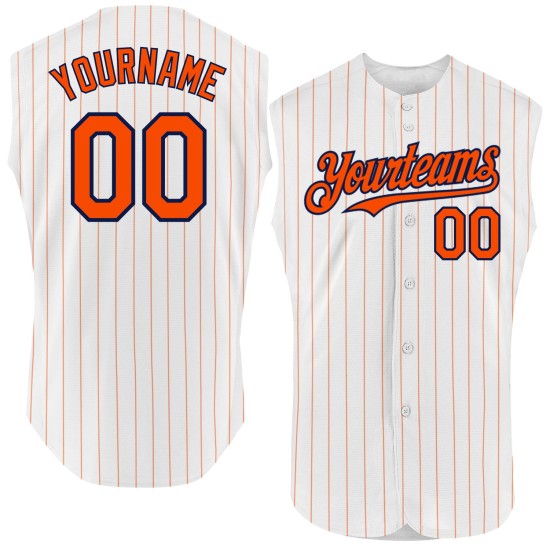 Authentic Orange Navy Baseball Sleeveless White Pinstripe Jersey Custom Authentic Orange Navy Baseball Sleeveless White Pinstripe Jersey Custom