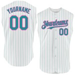 Baseball White Authentic Teal Sleeveless Custom Pinstripe Jersey Pink Baseball White Authentic Teal Sleeveless Custom Pinstripe Jersey Pink