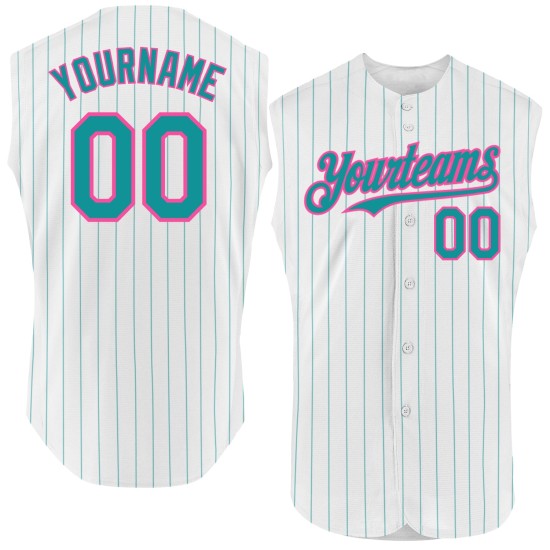 Baseball White Authentic Teal Sleeveless Custom Pinstripe Jersey Pink Baseball White Authentic Teal Sleeveless Custom Pinstripe Jersey Pink