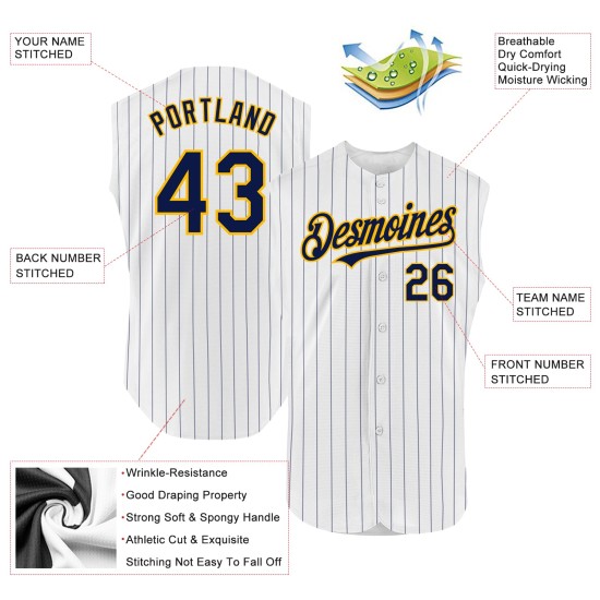 White Pinstripe Custom Authentic Navy Baseball Gold Jersey Sleeveless White Pinstripe Custom Authentic Navy Baseball Gold Jersey Sleeveless