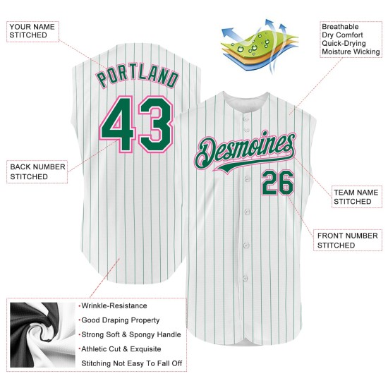 Custom Pink Authentic Baseball Kelly Sleeveless Pinstripe Jersey Green White Custom Pink Authentic Baseball Kelly Sleeveless Pinstripe Jersey Green White