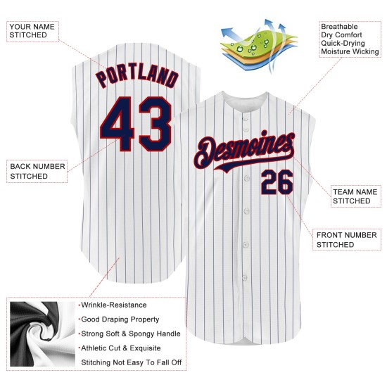 Navy Pinstripe Red Sleeveless Jersey Custom Baseball Authentic White Navy Pinstripe Red Sleeveless Jersey Custom Baseball Authentic White