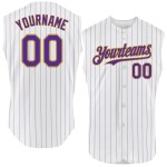 White Sleeveless Authentic Gold Old Custom Baseball Jersey Purple Pinstripe White Sleeveless Authentic Gold Old Custom Baseball Jersey Purple Pinstripe