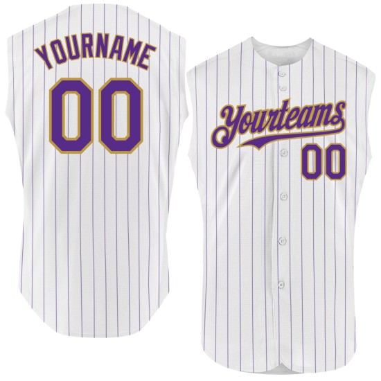 White Sleeveless Authentic Gold Old Custom Baseball Jersey Purple Pinstripe White Sleeveless Authentic Gold Old Custom Baseball Jersey Purple Pinstripe