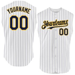 White Pinstripe Custom Authentic Navy Baseball Gold Jersey Sleeveless