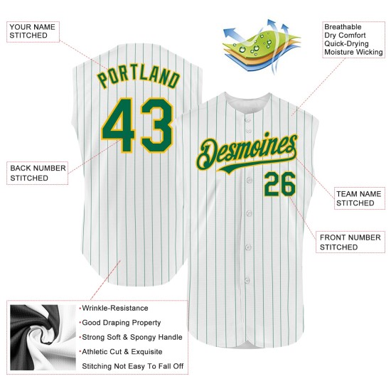 Custom Green Gold Baseball Authentic Pinstripe Sleeveless White Jersey Kelly