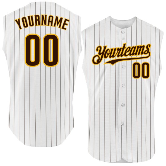 Brown Jersey Gold Custom Sleeveless Pinstripe Authentic White Baseball Brown Jersey Gold Custom Sleeveless Pinstripe Authentic White Baseball