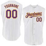 Gold Baseball Authentic Purple White Jersey Custom Sleeveless Pinstripe Gold Baseball Authentic Purple White Jersey Custom Sleeveless Pinstripe
