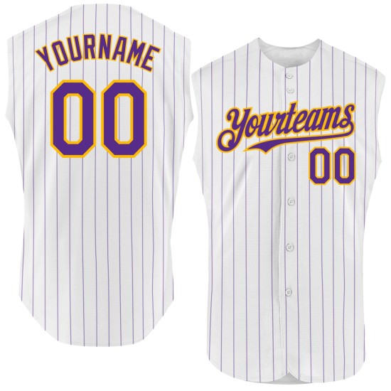 Gold Baseball Authentic Purple White Jersey Custom Sleeveless Pinstripe Gold Baseball Authentic Purple White Jersey Custom Sleeveless Pinstripe