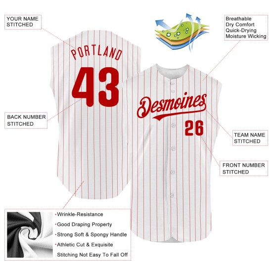Jersey Authentic Custom Baseball White Red Sleeveless Pinstripe Red Jersey Authentic Custom Baseball White Red Sleeveless Pinstripe Red