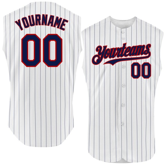 Navy Pinstripe Red Sleeveless Jersey Custom Baseball Authentic White Navy Pinstripe Red Sleeveless Jersey Custom Baseball Authentic White
