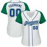 White Pinstripe Authentic Kelly Green Jersey Baseball Royal-Kelly Raglan Green Sleeves Custom White Pinstripe Authentic Kelly Green Jersey Baseball Royal-Kelly Raglan Green Sleeves Custom