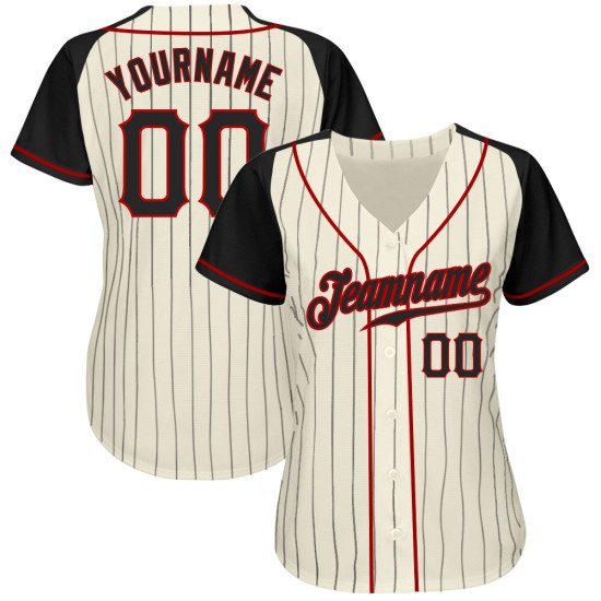 Custom Black-Red Black Pinstripe Sleeves Raglan Cream Authentic Jersey Baseball Custom Black-Red Black Pinstripe Sleeves Raglan Cream Authentic Jersey Baseball