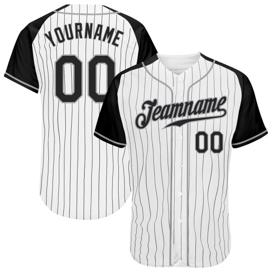 White Black-Gray Pinstripe Jersey Sleeves Black Custom Raglan Authentic Baseball White Black-Gray Pinstripe Jersey Sleeves Black Custom Raglan Authentic Baseball