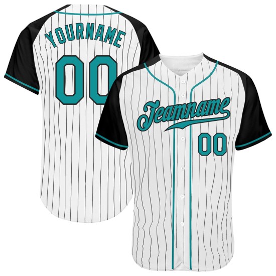 Jersey Raglan Sleeves Baseball Pinstripe Black Authentic White Teal-Black Custom Jersey Raglan Sleeves Baseball Pinstripe Black Authentic White Teal-Black Custom