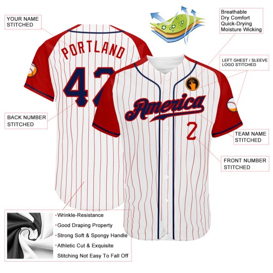 Navy-Red Authentic Custom Baseball Sleeves Red Jersey White Pinstripe Raglan Navy-Red Authentic Custom Baseball Sleeves Red Jersey White Pinstripe Raglan