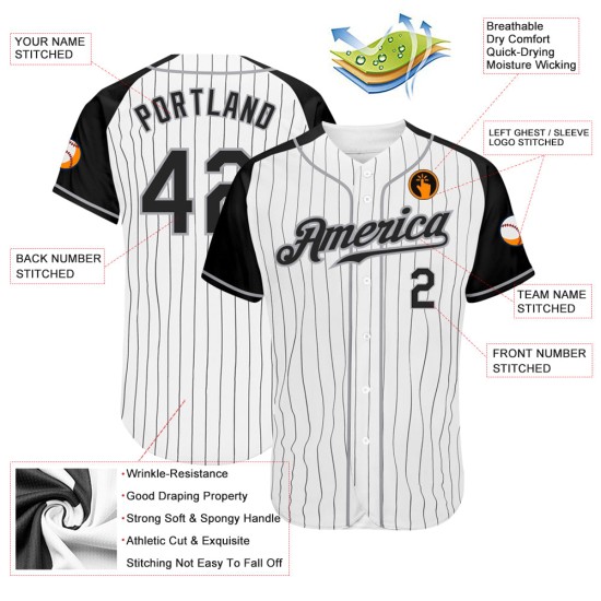 White Black-Gray Pinstripe Jersey Sleeves Black Custom Raglan Authentic Baseball White Black-Gray Pinstripe Jersey Sleeves Black Custom Raglan Authentic Baseball