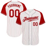 Custom Baseball Sleeves Authentic White Pinstripe Jersey Red Red-Gray Raglan Custom Baseball Sleeves Authentic White Pinstripe Jersey Red Red-Gray Raglan