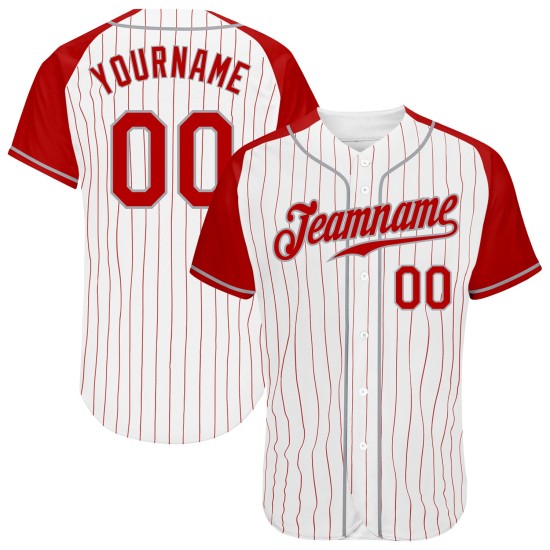 Custom Baseball Sleeves Authentic White Pinstripe Jersey Red Red-Gray Raglan Custom Baseball Sleeves Authentic White Pinstripe Jersey Red Red-Gray Raglan