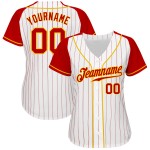 Raglan Sleeves White Custom Jersey Authentic Pinstripe Baseball Red-Gold Red Raglan Sleeves White Custom Jersey Authentic Pinstripe Baseball Red-Gold Red