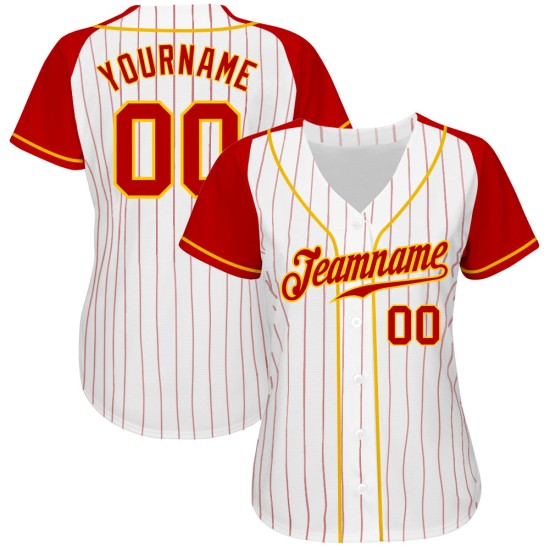 Raglan Sleeves White Custom Jersey Authentic Pinstripe Baseball Red-Gold Red Raglan Sleeves White Custom Jersey Authentic Pinstripe Baseball Red-Gold Red