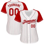 Custom Baseball Sleeves Authentic White Pinstripe Jersey Red Red-Gray Raglan Custom Baseball Sleeves Authentic White Pinstripe Jersey Red Red-Gray Raglan