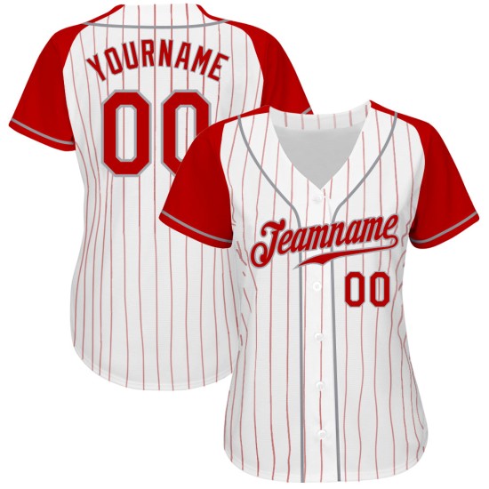 Custom Baseball Sleeves Authentic White Pinstripe Jersey Red Red-Gray Raglan Custom Baseball Sleeves Authentic White Pinstripe Jersey Red Red-Gray Raglan