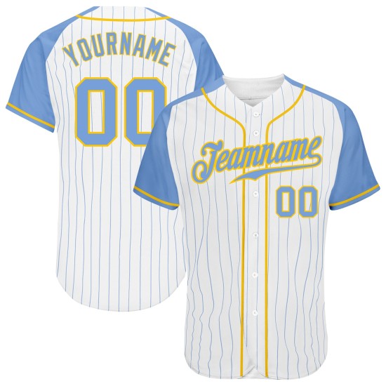 Sleeves Jersey Custom Authentic Light Light Baseball Blue Blue-Gold White Raglan Pinstripe Sleeves Jersey Custom Authentic Light Light Baseball Blue Blue-Gold White Raglan Pinstripe