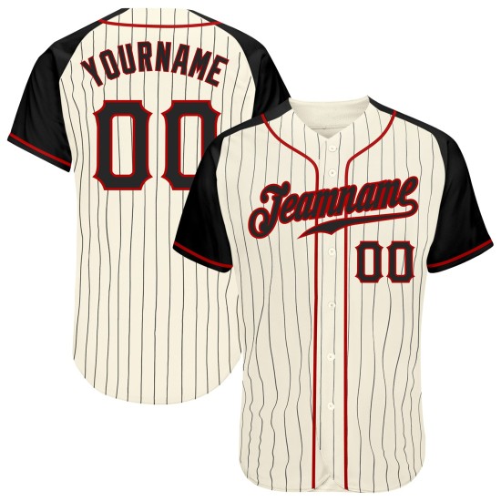 Custom Black-Red Black Pinstripe Sleeves Raglan Cream Authentic Jersey Baseball Custom Black-Red Black Pinstripe Sleeves Raglan Cream Authentic Jersey Baseball
