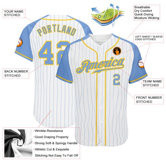 Sleeves Jersey Custom Authentic Light Light Baseball Blue Blue-Gold White Raglan Pinstripe Sleeves Jersey Custom Authentic Light Light Baseball Blue Blue-Gold White Raglan Pinstripe